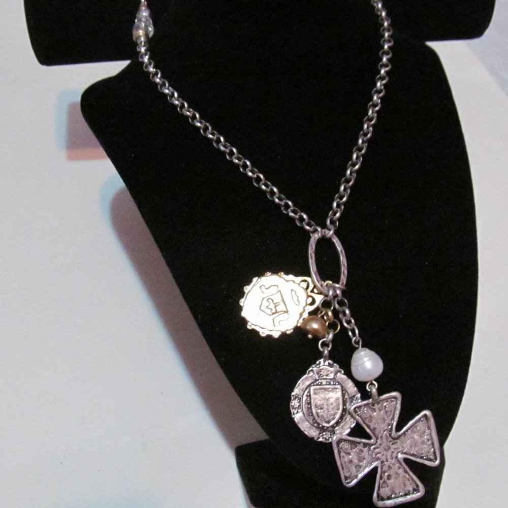 Chico's silver tone charm necklace real pearl signed